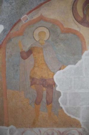 Фреска с изображением св. Дмитрия Солунского, ризница Никольского храма Свияжского Успенского монастыря, XVII век.